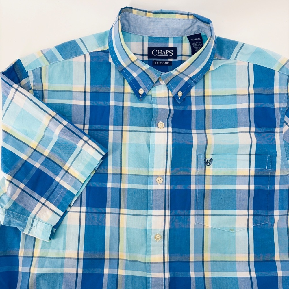 Chaps Mens XL Blue Plaid Short Sleeve Button Down Easy Care Shirt Summer Gingham